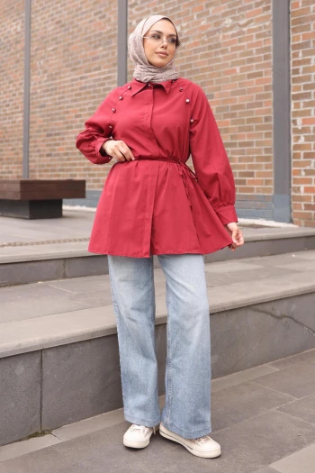 Bordo Bel Bağlamalı Tunik