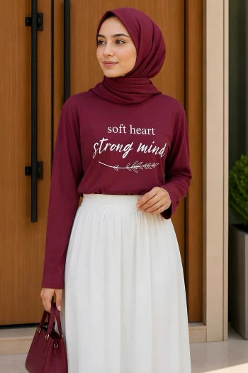 Bordo Bisiklet Yaka Baskılı Süprem Bluz