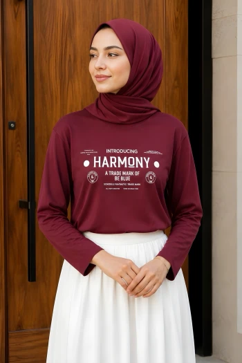 Bordo Bisiklet Yaka Baskılı Süprem Bluz