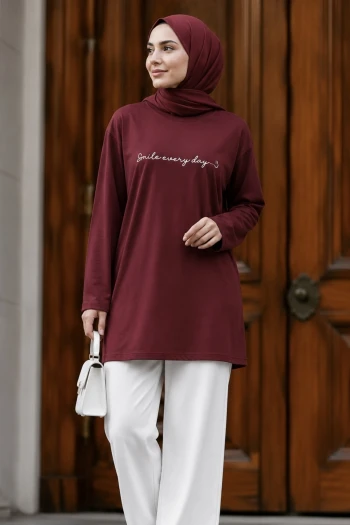 Bordo Bisiklet Yaka Baskılı Süprem Tunik