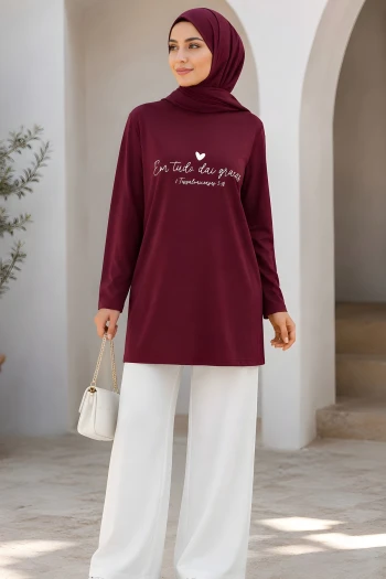 Bordo Bisiklet Yaka Baskılı Süprem Tunik