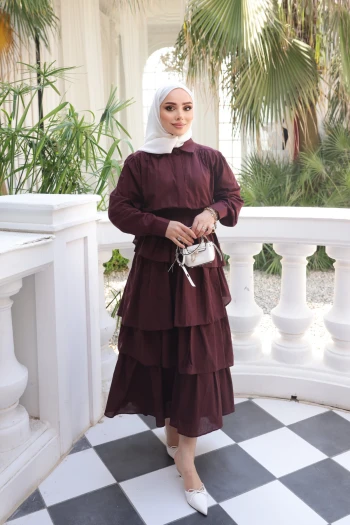 Bordo Eteği Katlı Gömlekli İkili Takım