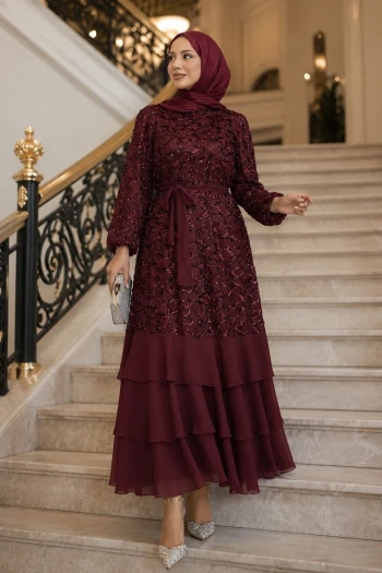 Bordo Eteği Katlı Pul Payetli Abiye