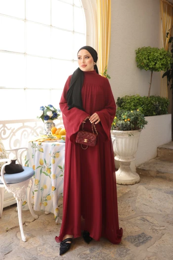 Bordo Geniş Kol Şifon Elbise