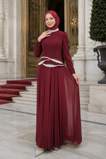 Bordo İnci İşlemeli Abiye