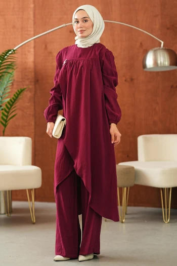 Bordo Kol Lastikli Asimetrik Kesim Tunik Pantolonlu Takım