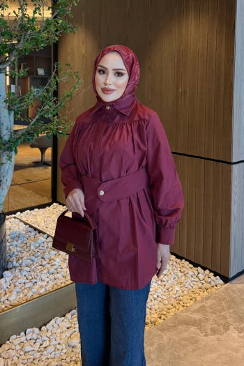 Bordo Ön Detaylı Düğmeli Gömlek