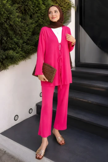 Fuşya Ön Bağlamalı Bürümcük Kimono Pantolonlu Takım