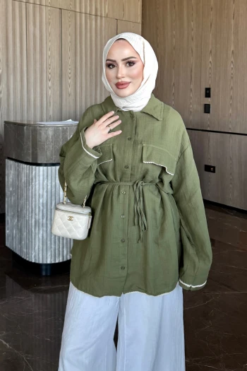Haki Bel Bağlamalı Oversize Müslin Gömlek