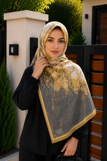 Hardal Gri Desenli Pamuklu Şal