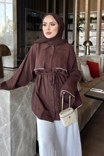 Kahverengi Bel Bağlamalı Oversize Müslin Gömlek