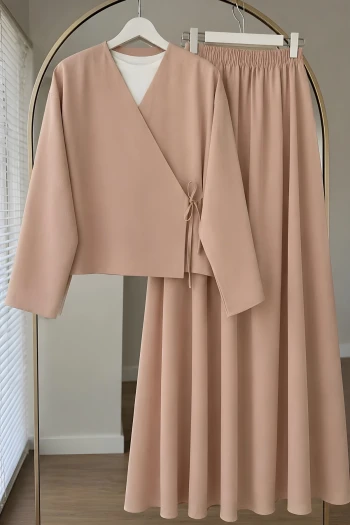 Koyu Bej Yandan Bağlamalı Dabıl Kimono Etekli Takım