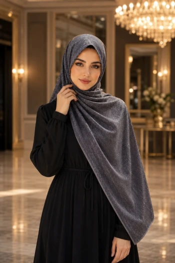Koyu Gri Kristal Abiye Şal