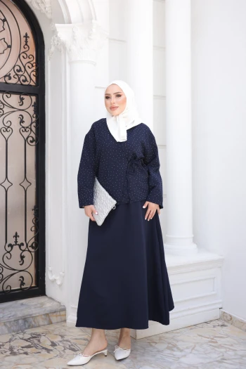 Lacivert Taş Detaylı Yan Bağlamalı Kimono Etekli Takım