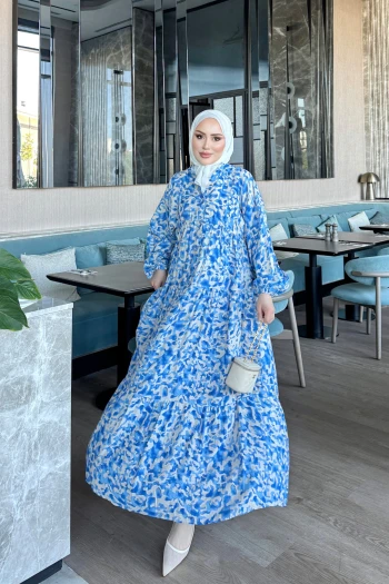 Mavi Yarım Düğmeli Kol Lastikli Eteği Katlı Elbise