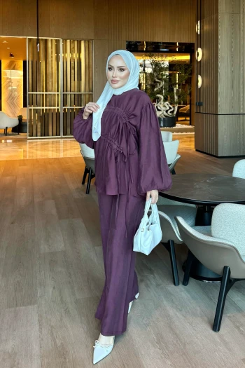 Mürdüm Bağcık Detaylı Tunik Pantolonlu Takım