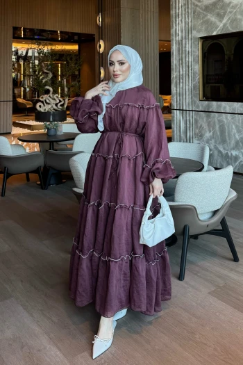 Mürdüm Balon Kol Bel Bağlamalı Elbise