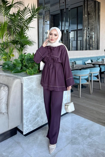 Mürdüm Bel Bağlamalı Tunik Pantolonlu Takım