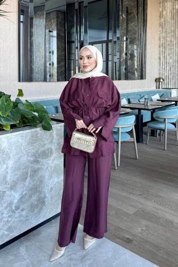 Mürdüm Bel Bağlamalı Tunik Pantolonlu Takım