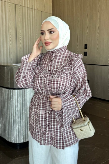 Mürdüm Ekose Fırfırlı Bel Bağlamalı Gömlek