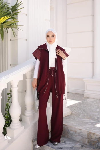 Mürdüm Garnili Yelek Pantolonlu Takım