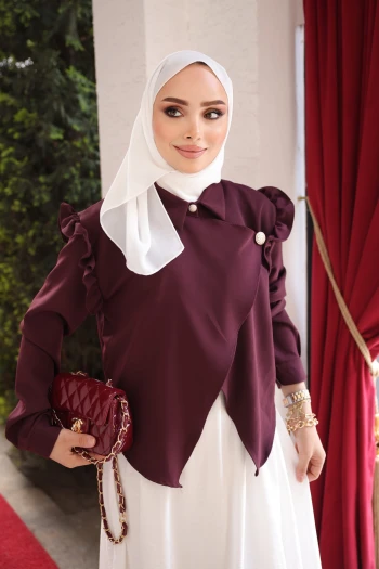 Mürdüm Omuz Fırfırlı Dabıl Krep Ceket