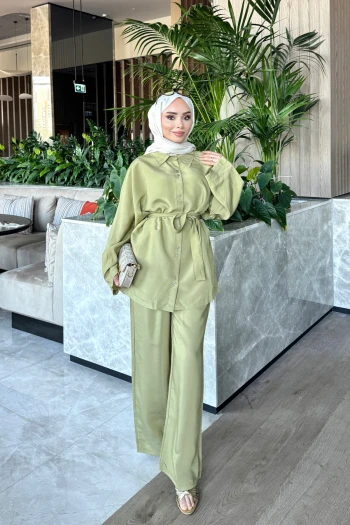 Olive Kuşaklı Gömlek Pantolonlu Modal Takım