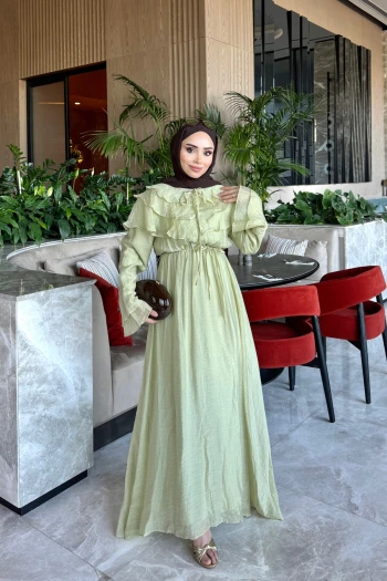 Olive Yaka Fırfırlı Bel Lastikli Elbise
