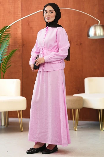 Pembe Bel Bağlamalı Gömlek Etekli Takım