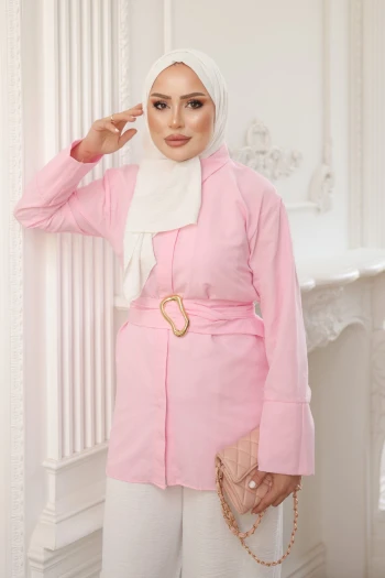Pembe Beli Kemerli Düğmeli Tunik