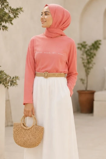 Pembe Bisiklet Yaka Baskılı Süprem Bluz