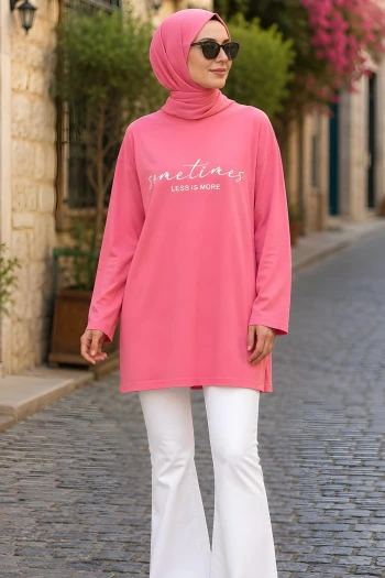 Pembe Bisiklet Yaka Baskılı Süprem Tunik
