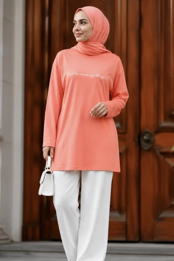 Pembe Bisiklet Yaka Baskılı Süprem Tunik