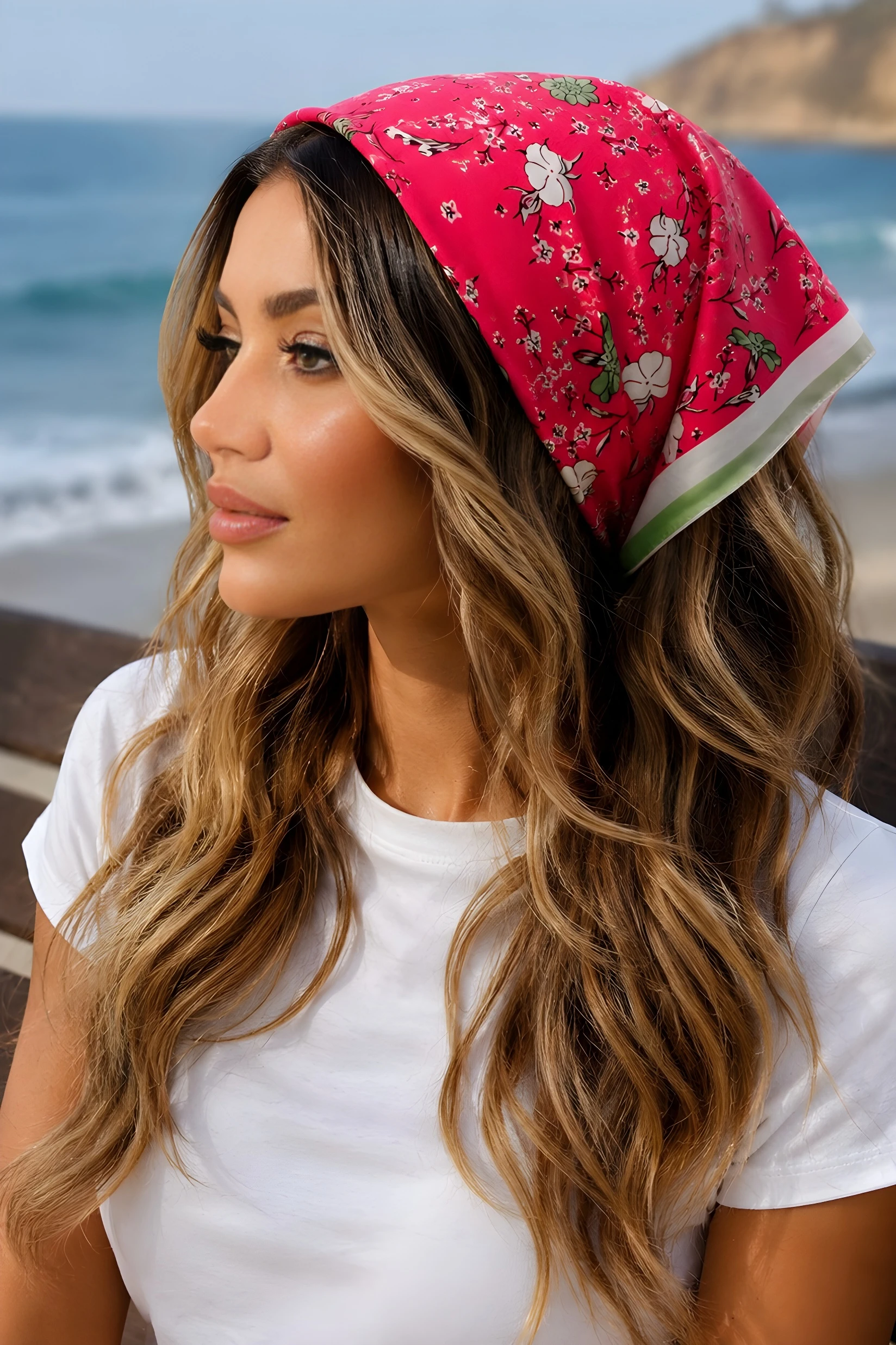 Pembe Çiçek Desenli Bandana