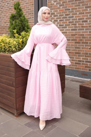 Pembe Kol Katlı Bel Bağlamalı Elbise