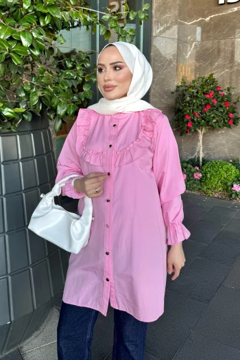 Pembe Kol Lastikli Yaka Fırfırlıı Tunik