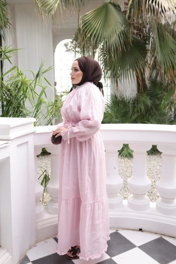 Pembe Kol Ve Bel İp Bağlamalı Elbise