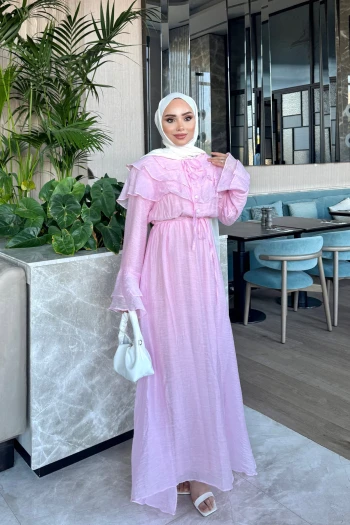 Pembe Yaka Fırfırlı Bel Lastikli Elbise