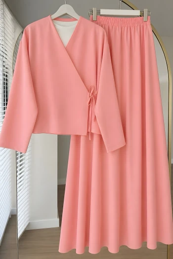 Pembe Yandan Bağlamalı Dabıl Kimono Etekli Takım