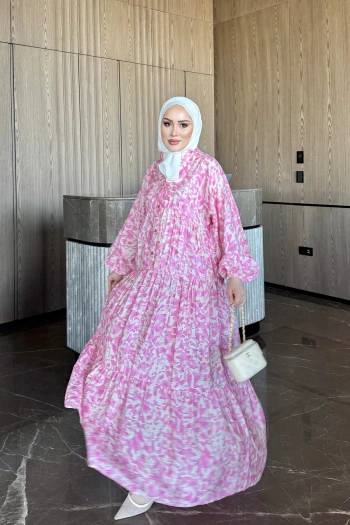 Pembe Yarım Düğmeli Kol Lastikli Eteği Katlı Elbise