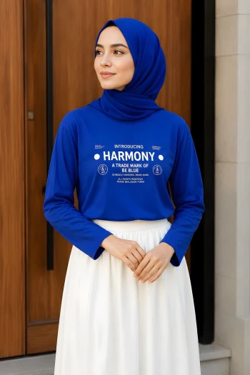 Saks Mavi Bisiklet Yaka Baskılı Süprem Bluz