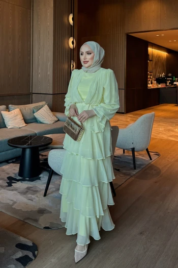 Sarı Eteği Katlı Abiye