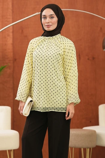 Sarı Puantiyeli Balon Kol Şifon Bluz