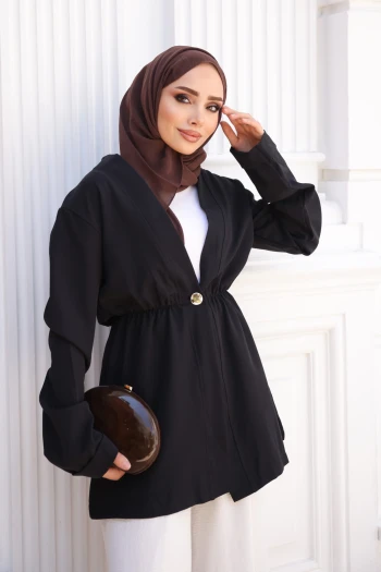 Siyah Bel Lastikli Dabıl Kimono