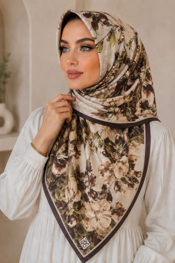 Acı Kahve Çiçek Desenli Soft Eşarp