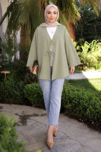 Açık Haki Ön Bağlamalı Kimono