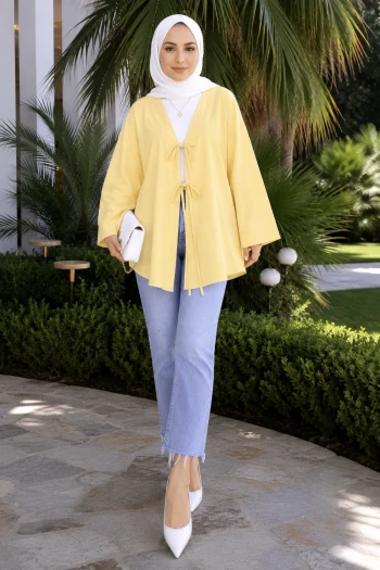 Açık Sarı Ön Bağlamalı Kimono