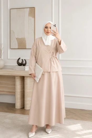 Bej Taş Detaylı Yan Bağlamalı Kimono Etekli Takım
