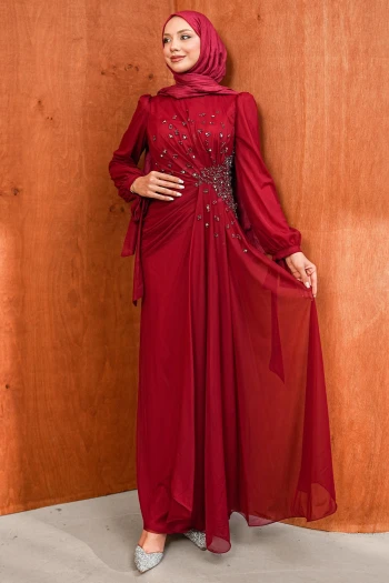 Bordo Bel Büzgülü Taşlı Abiye