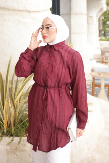 Bordo Bel İp Bağlamalı Tunik Gömlek